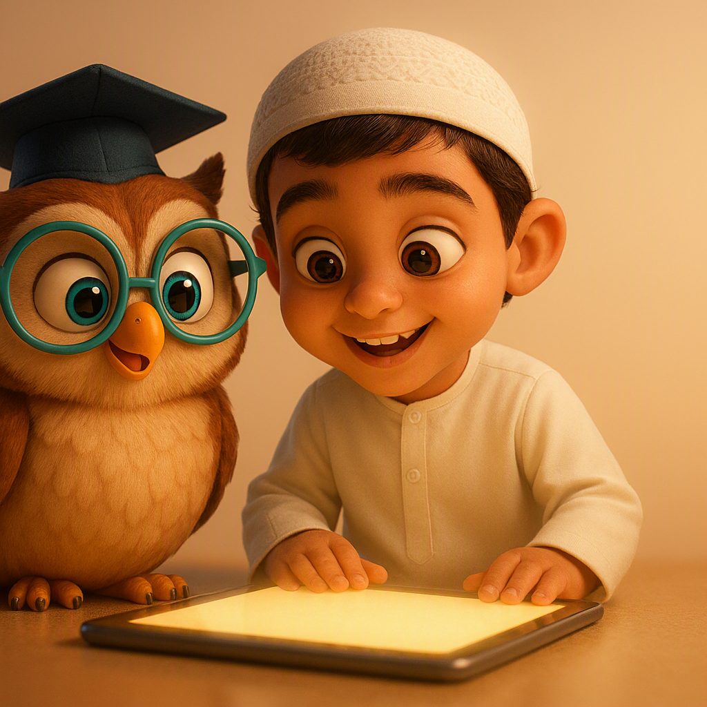البومة حكيم والطفل يتعلّمان معًا على اللوح